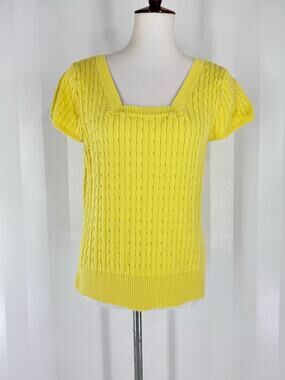 Pria Bright Yellow Cable Knit Square Neck Short Sleeve Sweater Coastal Sz XL